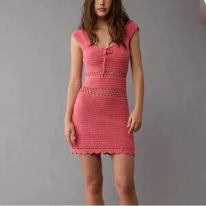 NWT American Eagle Coral Pink Ruched Crochet Sweater Mini Dress Size XL